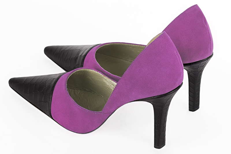 Satin black and mauve purple women's open arch dress pumps. Pointed toe. Very high slim heel. Rear view - Florence KOOIJMAN
